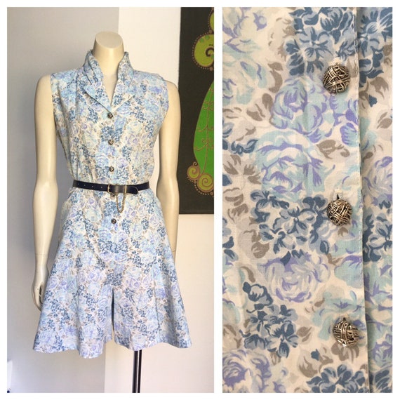 80s Vintage Blue flower print playsuit M