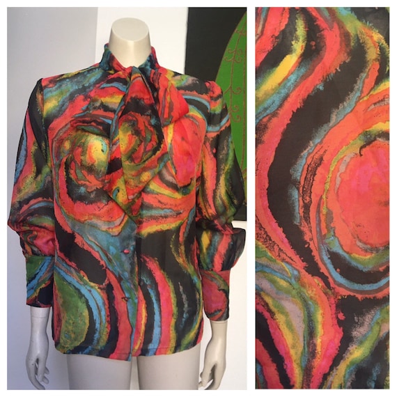 60's vintage PUSSY BOW psychedelic sheer blouse M