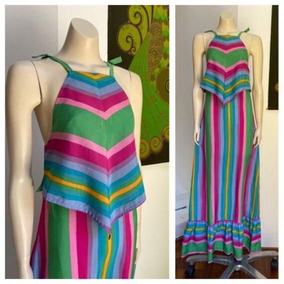 70s Vintage RAINBOW striped Just Sue maxi dress S