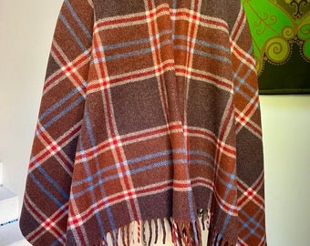 Vintage Godfrey Hirst Arctic brown blue red checked pure wool fringed blanket