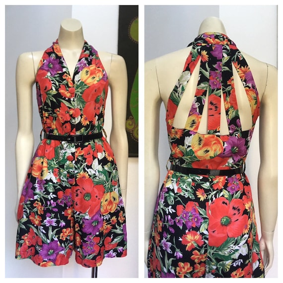 80s Vintage Cage back colourful flower print plays