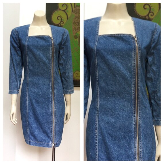 80s Vintage denim zip front ZADIM dress S