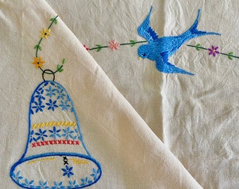 Vintage Bluebird bells colourful Embroidered linen Tablecloth