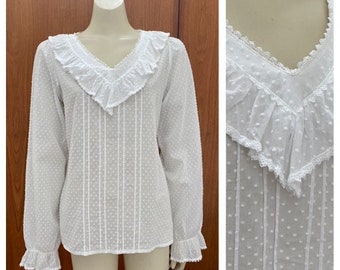 Vintage Laura Ashley Swiss dot ruffled white blouse