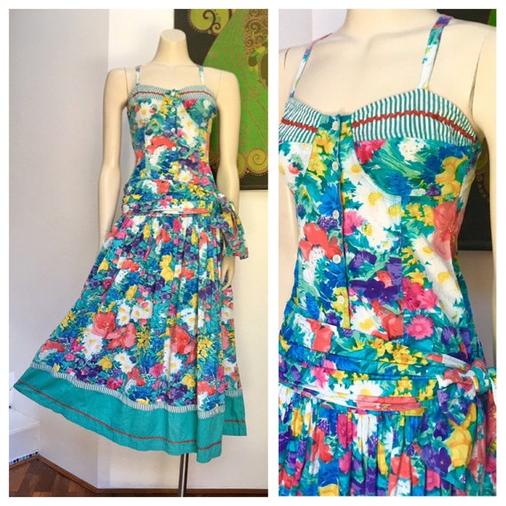 80's Vintage Orientique Striped floral cotton dre