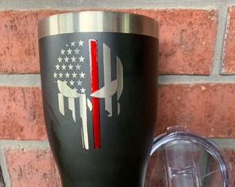 30oz Stainless steel tumbler with the Thin Red Line Punisher, Thin Blue Line Punisher