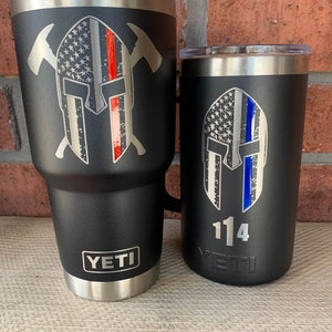 Firefighter and Police YETI cup with thin red or blue line laser engraved and powder coated line. This Iisting includes shipping prices image 9