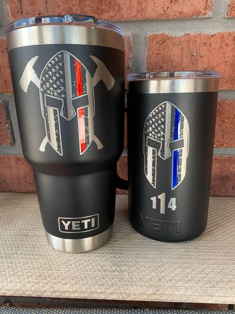 Firefighter and Police YETI cup with thin red or blue line laser engraved and powder coated line. This Iisting includes shipping prices image 9