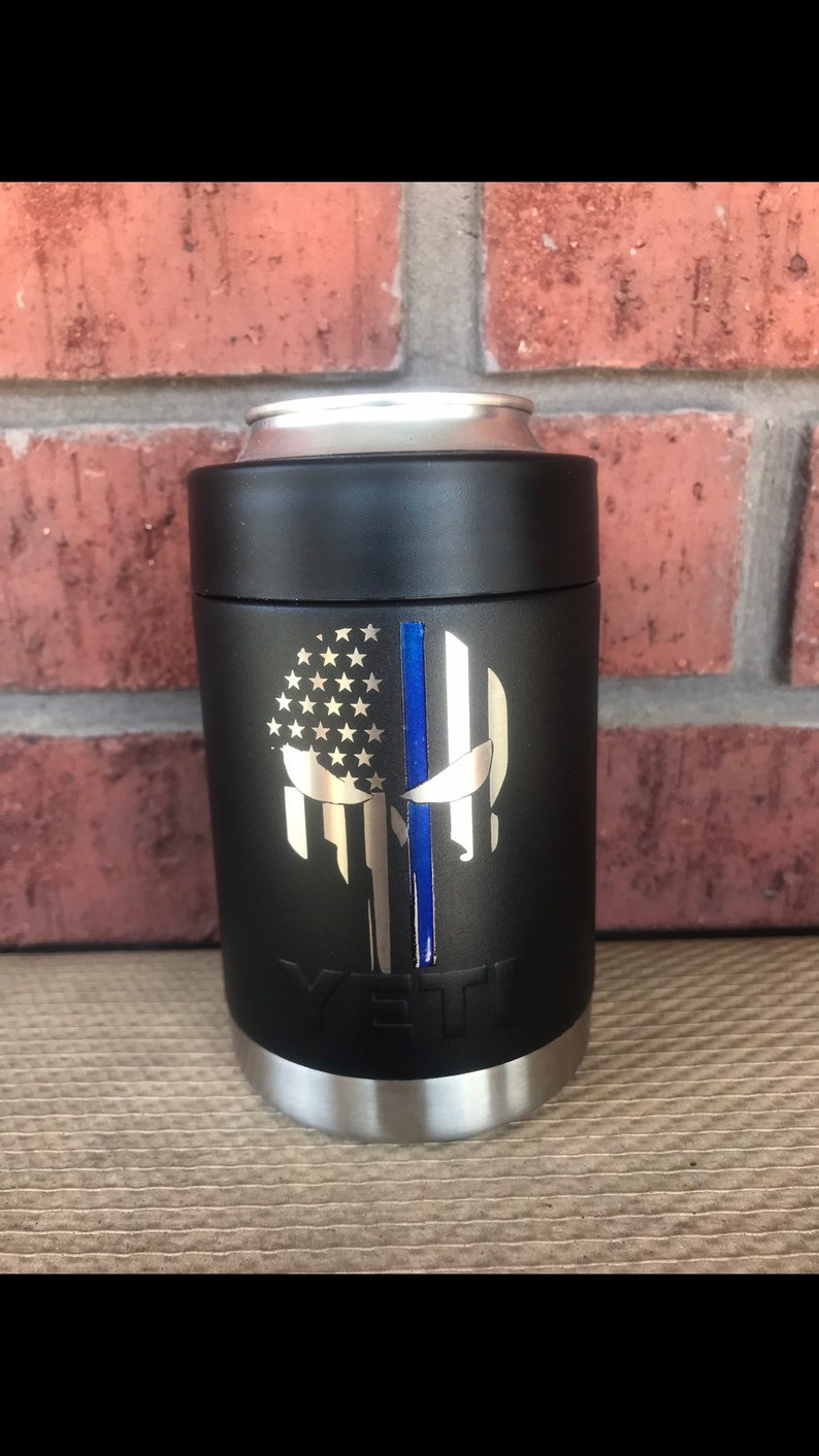 Firefighter and Police YETI cup with thin red or blue line laser engraved and powder coated line. This Iisting includes shipping prices image 4