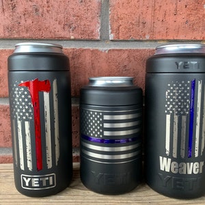 Firefighter and Police YETI cup with thin red or blue line laser engraved and powder coated line. This Iisting includes shipping prices image 10