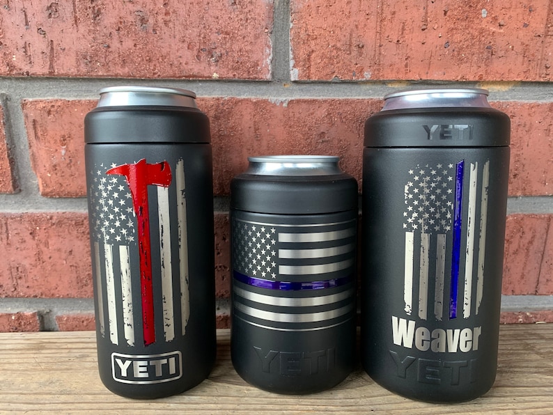 Firefighter and Police YETI cup with thin red or blue line laser engraved and powder coated line. This Iisting includes shipping prices image 10