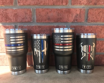 Firefighter and Police YETI cup with thin red or blue line laser engraved and powder coated line. This Iisting includes shipping prices