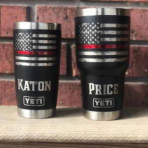 Firefighter and Police YETI cup with thin red or blue line laser engraved and powder coated line. This Iisting includes shipping prices Rot