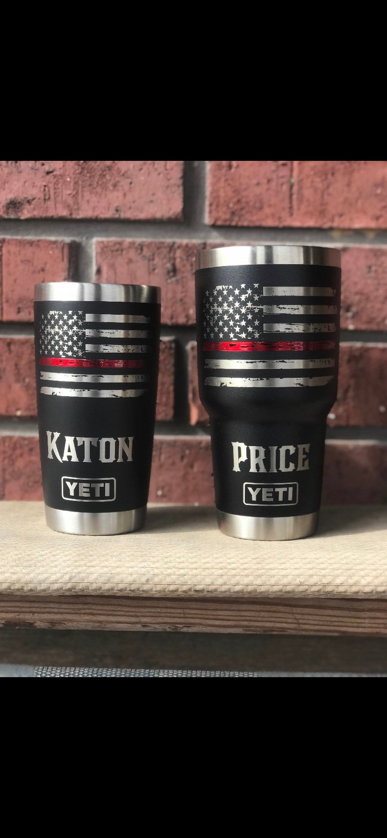 Firefighter and Police YETI cup with thin red or blue line laser engraved and powder coated line. This Iisting includes shipping prices Rot