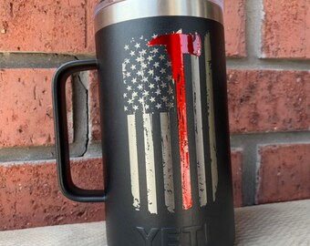 Pre-Coated YETI 24oz mug with thin red or blue line flag.