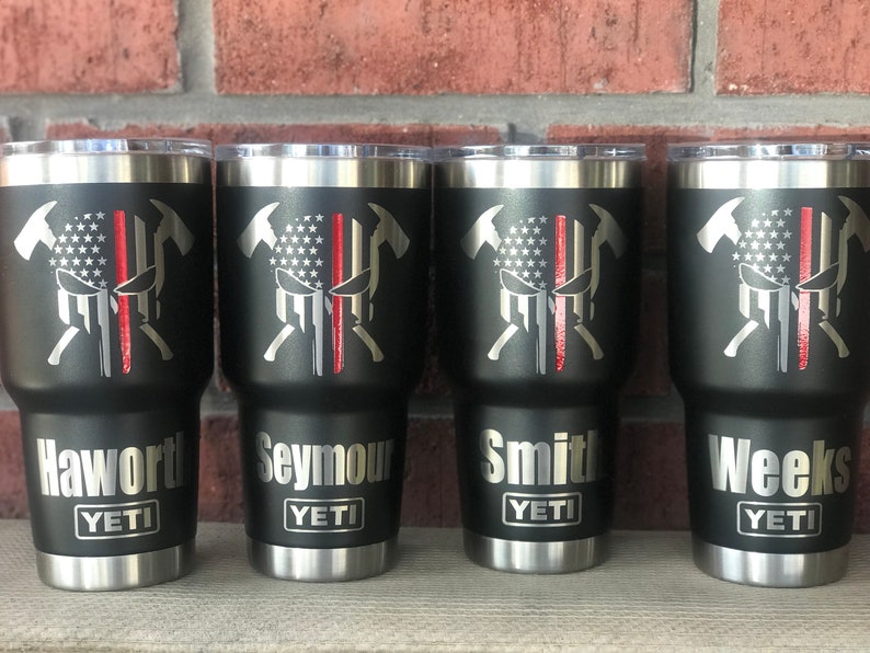 Firefighter and Police YETI cup with thin red or blue line laser engraved and powder coated line. This Iisting includes shipping prices image 2