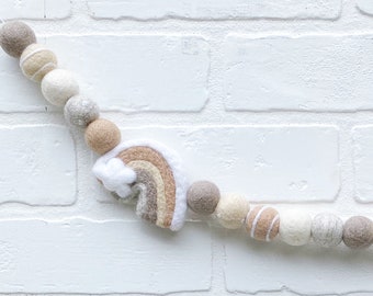 Rustic Rainbow Felt Pom Bunting | Neutral Rainbow Cream White Gray Tan Beige Garland | Tiered Tray, Mantle, Letterboard Decor