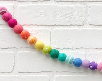 Mr. Rogers Rainbow Felt Pom Bunting | Colorful Felt Ball Garland | Tiered Tray, Mantle, Letterboard, Kids Bookshelf Decor