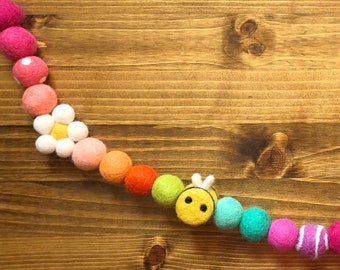 How Does Your Garden Grow? Felt Pom Bunting | Colorful Spring Summer Flower Bumblebee Rainbow Felt Ball Garland