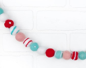 Cotton Candy Circus Felt Pom Bunting | Red and Aqua Modern Christmas Felt Ball Garland | Tiered Tray, Mantle, Letterboard, Shelf Decor