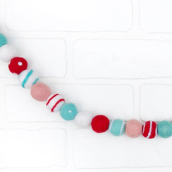 Cotton Candy Circus Felt Pom Bunting | Red and Aqua Modern Christmas Felt Ball Garland | Tiered Tray, Mantle, Letterboard, Shelf Decor
