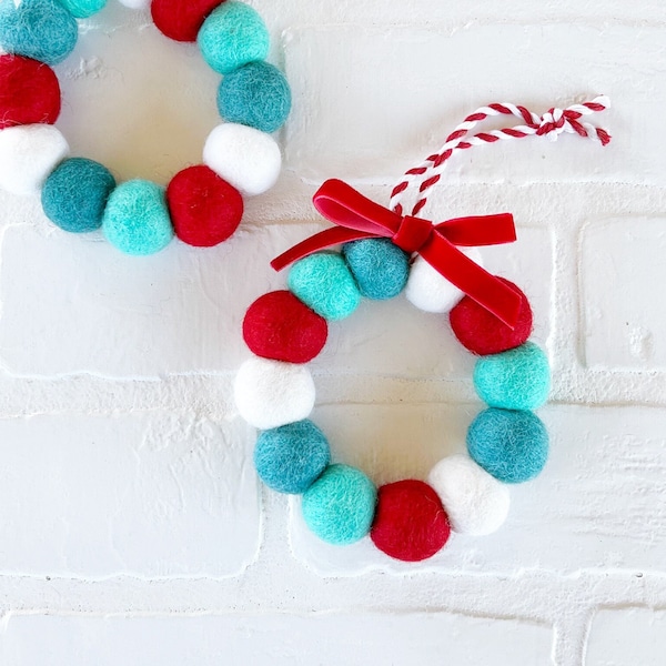 Felt Ball Wreath Ornament | Blue Christmas Colorful Aqua Red Holiday Decor | Gift Topper