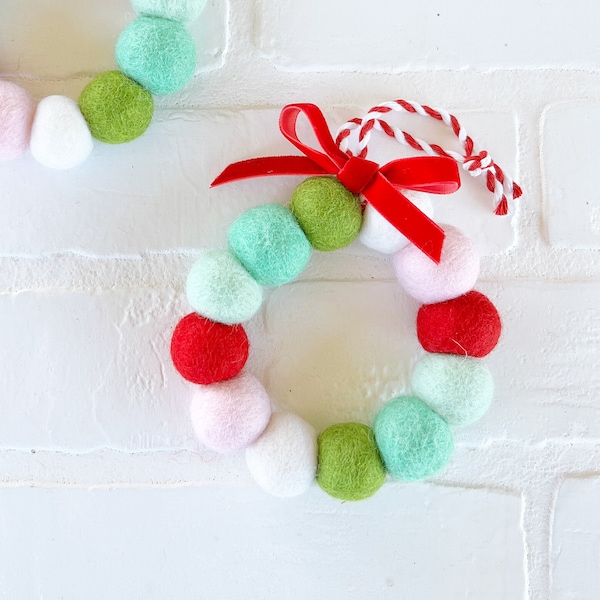 Felt Ball Wreath Ornament | Christmas Candy Colorful Aqua Red Pink Green Holiday Decor | Gift Topper