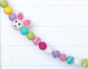 Rosie the Rabbit Felt Pom Bunting | Easter Bunny Felt Ball Garland | Tiered Tray, Mantle, Letterboard, Kids Bookshelf Decor