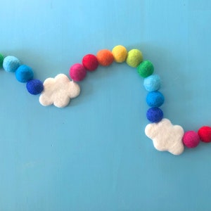 Somewhere Over the Rainbow | Rainbow Felt Pom Bunting with Clouds | Colorful Felt Ball Garland | Tiered Tray, Mantle, Kids Shelf Decor