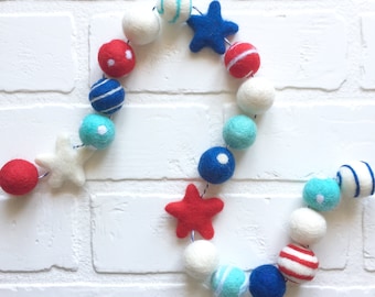 Star Spangled Banner Felt Pom Bunting | Patriotic Memorial Day Independence Day 4th of July Labor Day Red White and Blue Felt Ball Garland