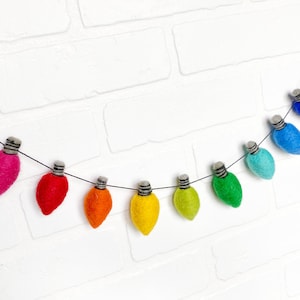 Lite Brite Bulbs 2.0 (With Purples) Felt Pom Bunting | Whimsical Holiday Rainbow Christmas Light Garland | Tiered Tray, Mantle Decor