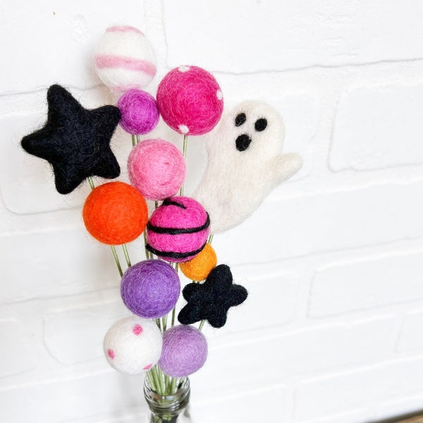 Pom Cluster | Purple Potion Pom Flower Bouquet | Pink Purple and Black Halloween Ghost Tiered Tray Decor