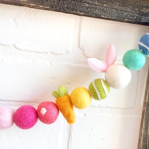 Rabbit Rainbow Felt Pom Bunting | Easter Springtime Felt Ball Garland | Tiered Tray, Mantle, Letterboard, Kids Bookshelf Decor