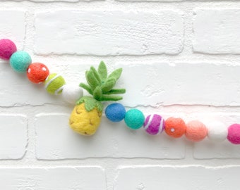 Hawaiian Luau Felt Pom Bunting | Summertime Tropical Pineapple Felt Ball Garland