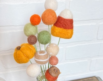 Pom Cluster | Feels Like Falling Leaves Pom Flower Bouquet | Orange and Green Autumn Pumpkin Acorn Candy Corn Decor