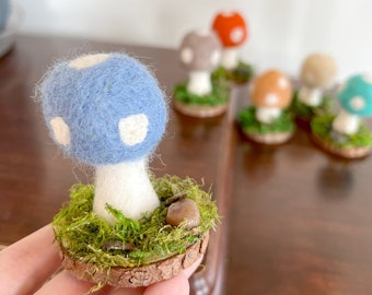 Felt Mushroom Scene | Decor with Felt Mushroom, Moss, and Stone | Tiered Tray Decor