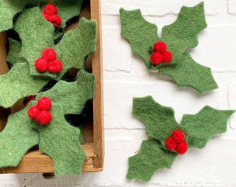 Felt Holly Leaves and Berries | Christmas Holiday Decor | Table Scatter, Tiered Tray Decor