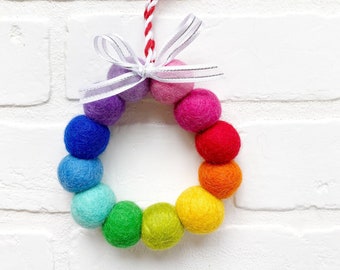 Felt Ball Wreath Ornament | Lite Brite Rainbow Christmas Holiday Decor | Gift Topper | Essential Oils Diffuser
