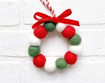 Felt Ball Wreath Ornament | Magic of Christmas Traditional Red Green Holiday Decor | Gift Topper