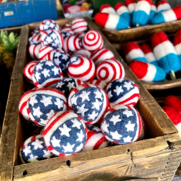 Felt Patriotic Flag Ball | 4th of July Independence Day Holiday Decor | Red White Blue Vase Filler, Table Scatter, Tiered Tray Decor