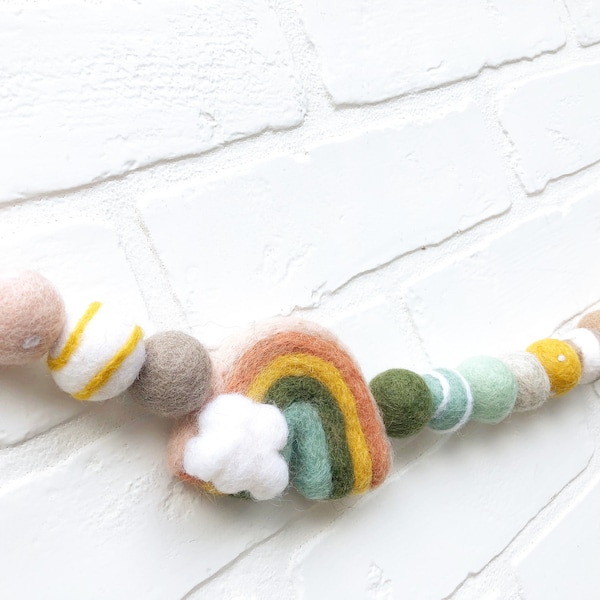 Kelly's Colors Felt Pom Bunting | Muted Rainbow Felt Ball Garland | Tiered Tray, Mantle, Letterboard, Nursery Decor
