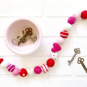 Key to My Heart Felt Pom Bunting Red and Pink Valentines Day Felt Ball and Heart Garland Tiered Tray, Mantle, Letterboard, Shelf Decor image 1