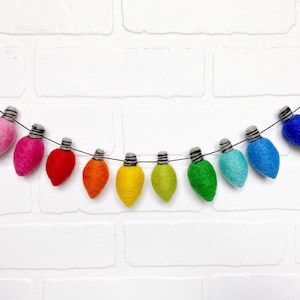 Lite Brite Bulbs (No Purples) Felt Pom Bunting | Whimsical Holiday Rainbow Christmas Light Garland | Tiered Tray, Mantle, Bookshelf Decor