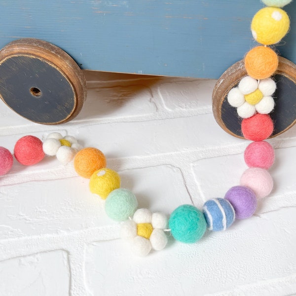 Sprouting Spring Felt Pom Bunting | Pastel Rainbow Springtime Daisy Felt Ball Garland | Tiered Tray Mantle Decor