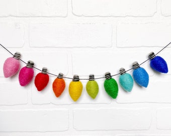 Lite Brite Bulbs (No Purples) Felt Pom Bunting | Whimsical Holiday Rainbow Christmas Light Garland | Tiered Tray, Mantle, Bookshelf Decor