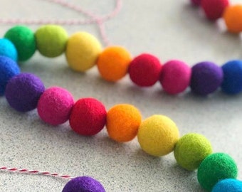 Rainbow Felt Pom Bunting | Felt Ball Garland | Tiered Tray, Mantle, Letterboard, Kids Bookshelf Decor | Christmas Tree Garland