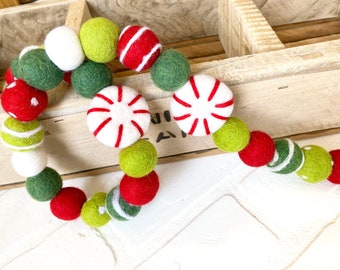 Holly Jolly Holiday 2.0 Felt Pom Bunting | Christmas Holiday Peppermint Felt Ball Garland | Tiered Tray, Mantle, Kids Room Decor