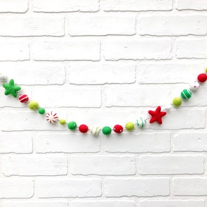 Peppermint Party Felt Pom Bunting Red, Greens and White Whimsical Christmas Felt Ball Garland image 7