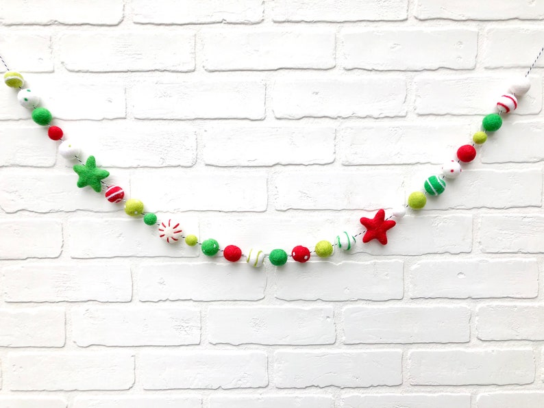 Peppermint Party Felt Pom Bunting Red, Greens and White Whimsical Christmas Felt Ball Garland image 7