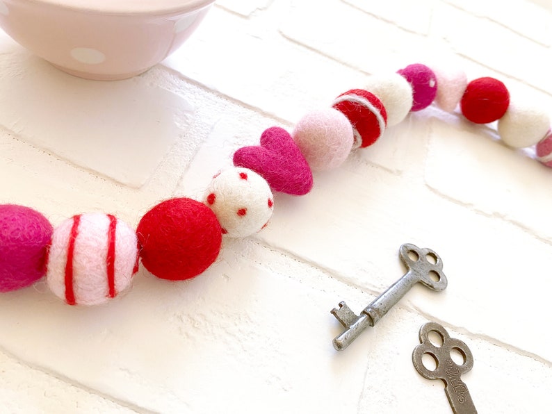 Key to My Heart Felt Pom Bunting Red and Pink Valentines Day Felt Ball and Heart Garland Tiered Tray, Mantle, Letterboard, Shelf Decor image 4